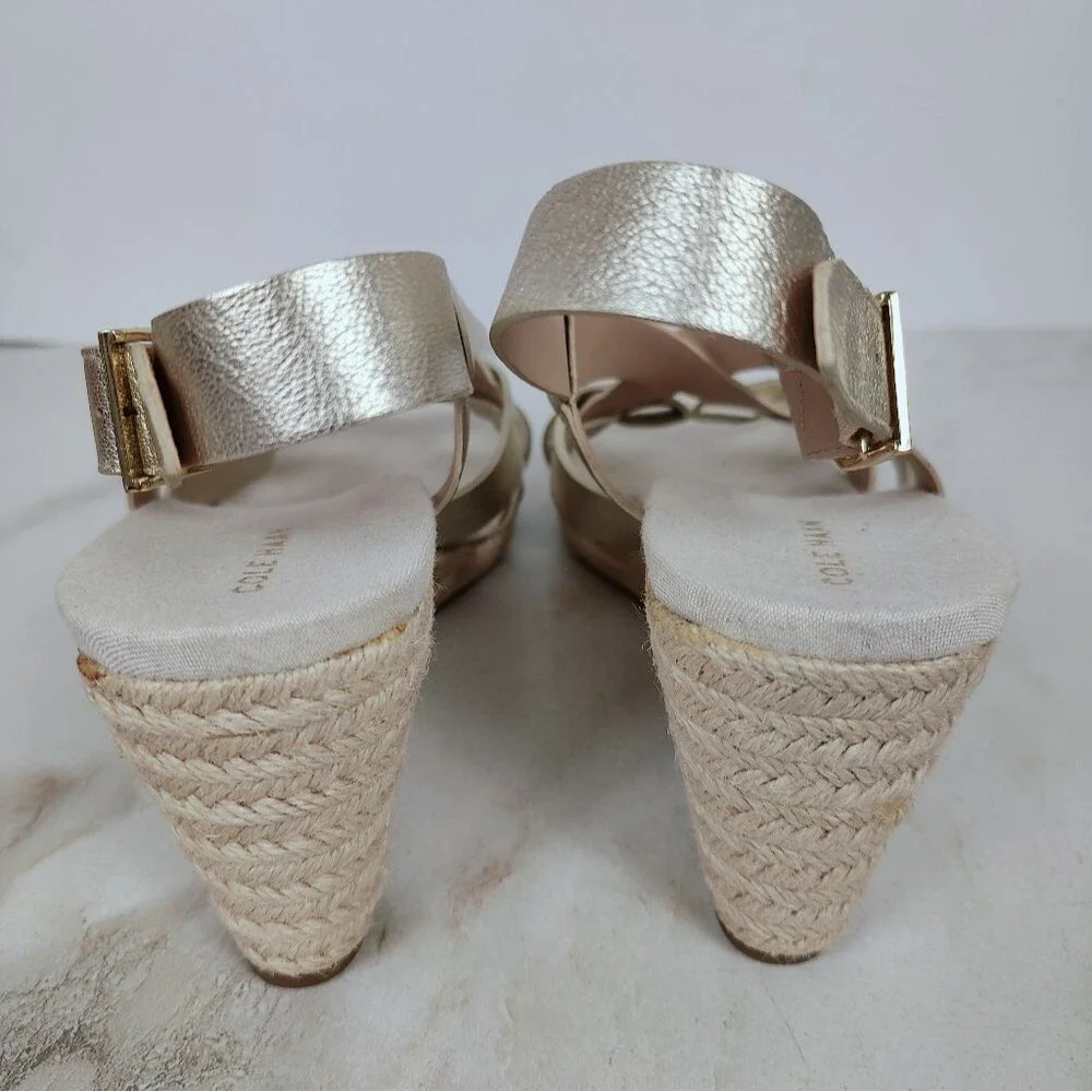 Cole Haan Crystal Wedge Metallic White Gold Leather Espadrille Sandals, Sz 10.5